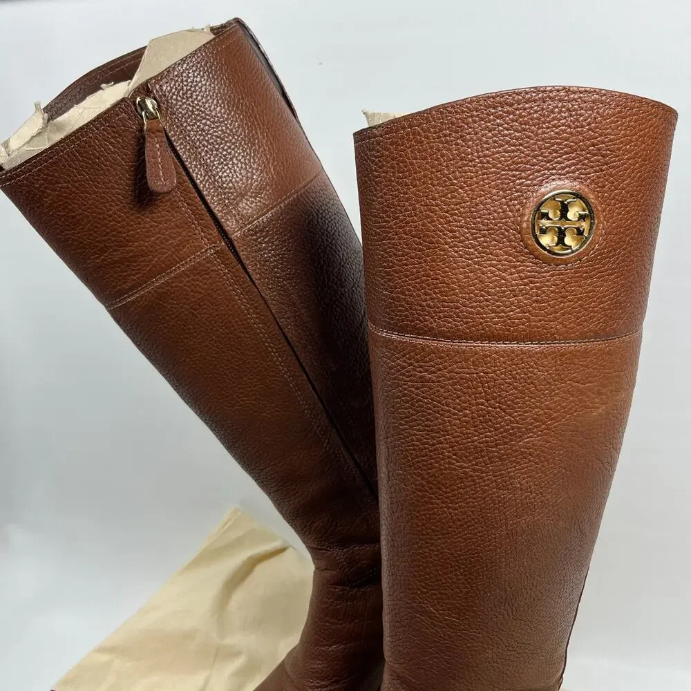 TORY BURCH Boots Womens 8M Junction Riding Equestrian Pebble Leather Brown